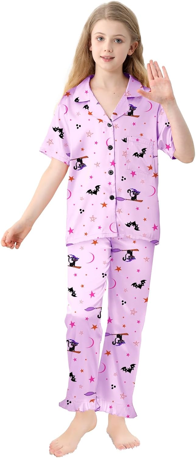 Umeyda Girls 3 Pieces Pajamas Sets Silk Satin Ruffle Sleepwear Short Sleeve Button-Down 3Pjs Nightwear, 5-14 Years