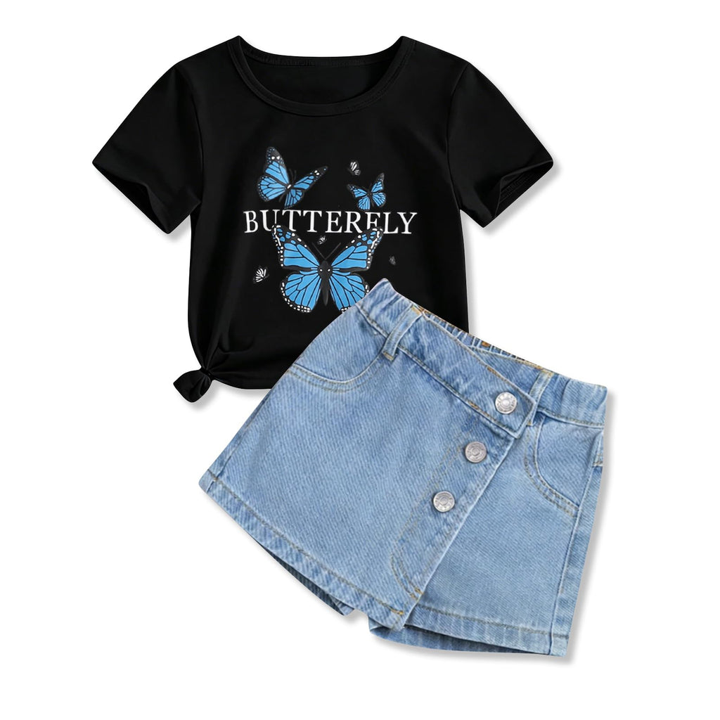 Girls Clothes 2PCS Butterfly Print Short Sleeve T-Shirt Denim Skirt Shorts Set Teen Tween Girls Summer Outfits Set