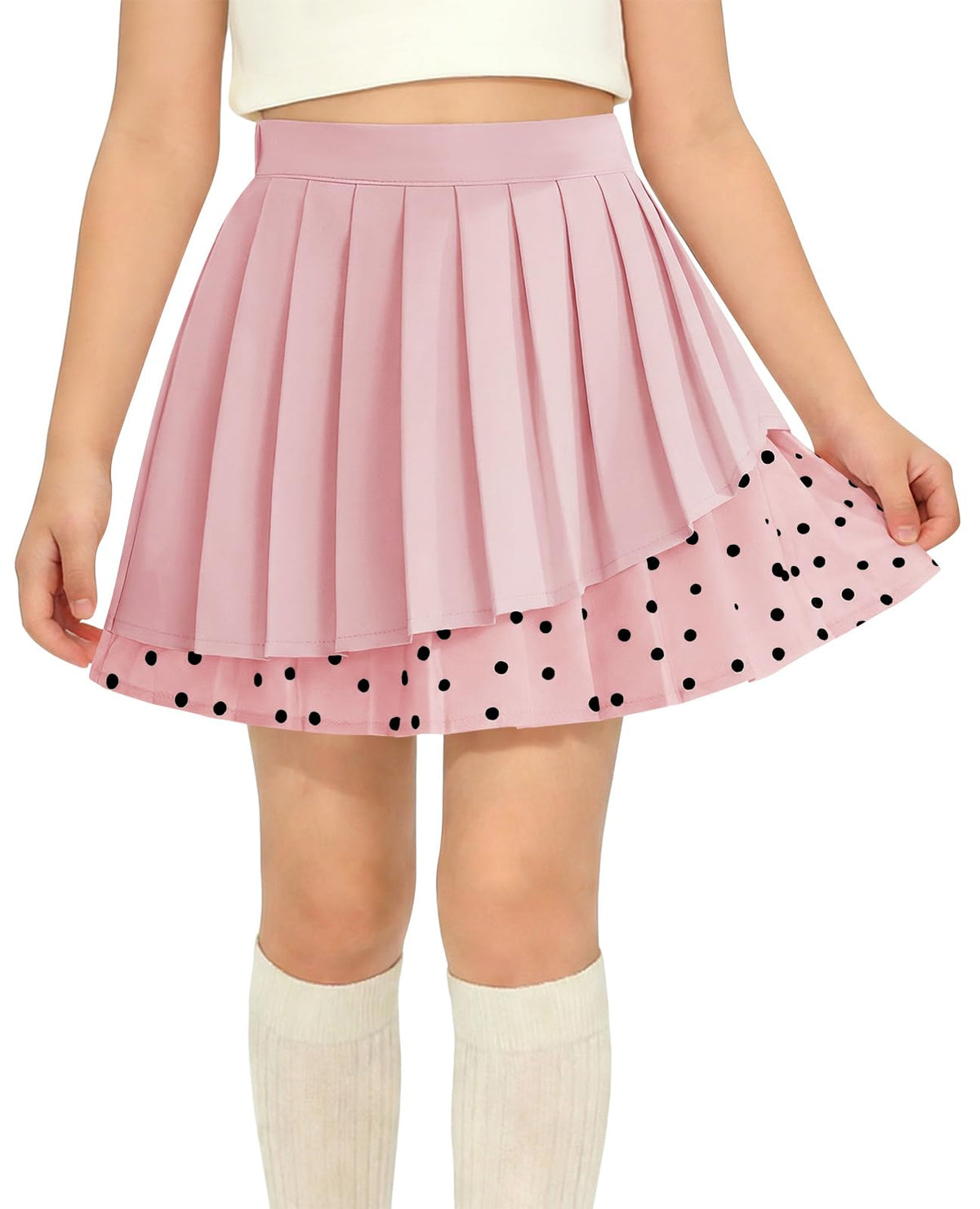 Haloumoning Girls Pleated Skirt Kids Cute High Waist Layered Polka Dots School Uniform Skort Skirts 5-14 Years