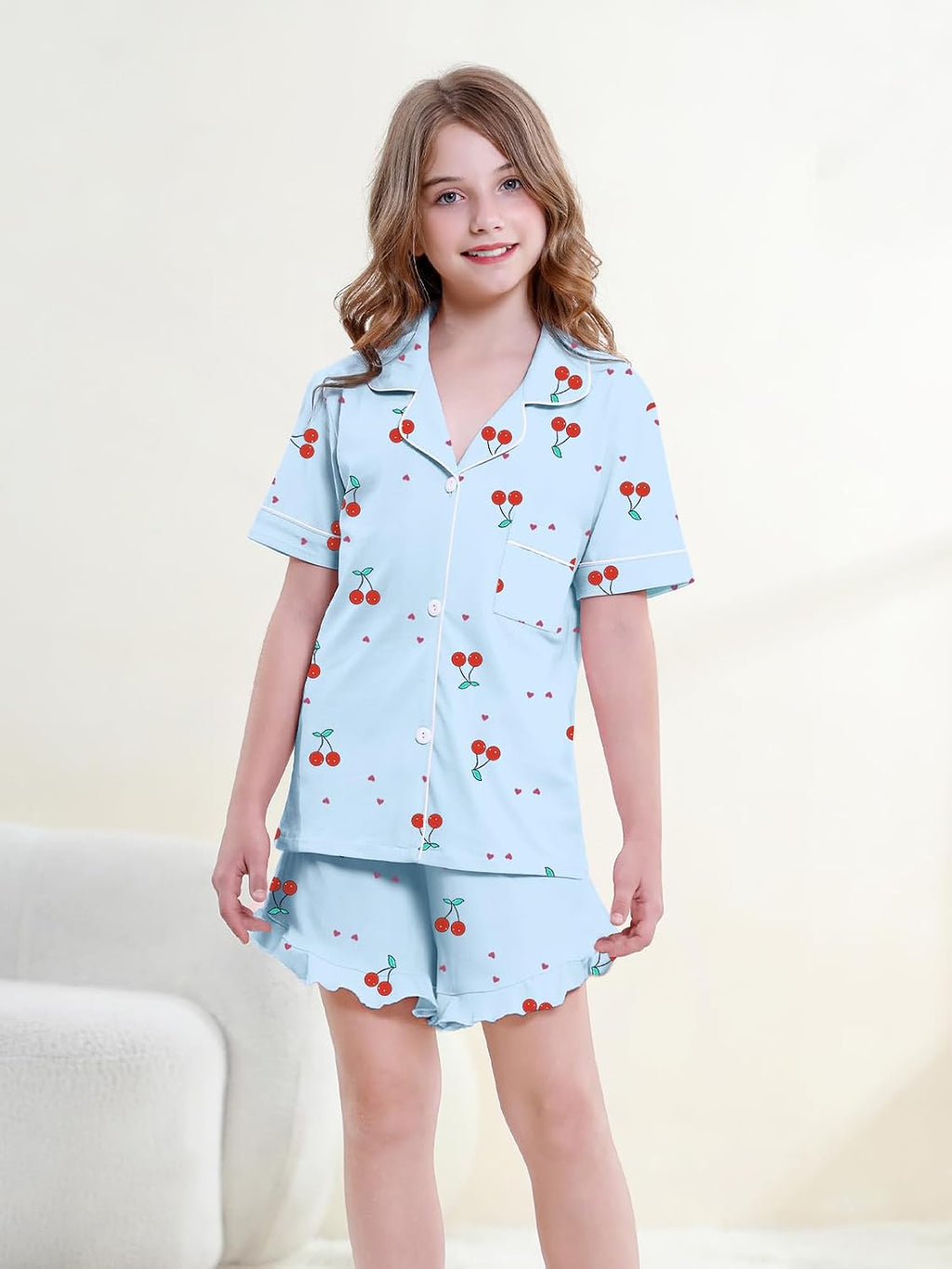 QZH.DUAO Girls & Women Pajama Sets Cotton Sleepwear Button Down Short Sleeve With Ruffle Shorts PJS 5 Years-Large