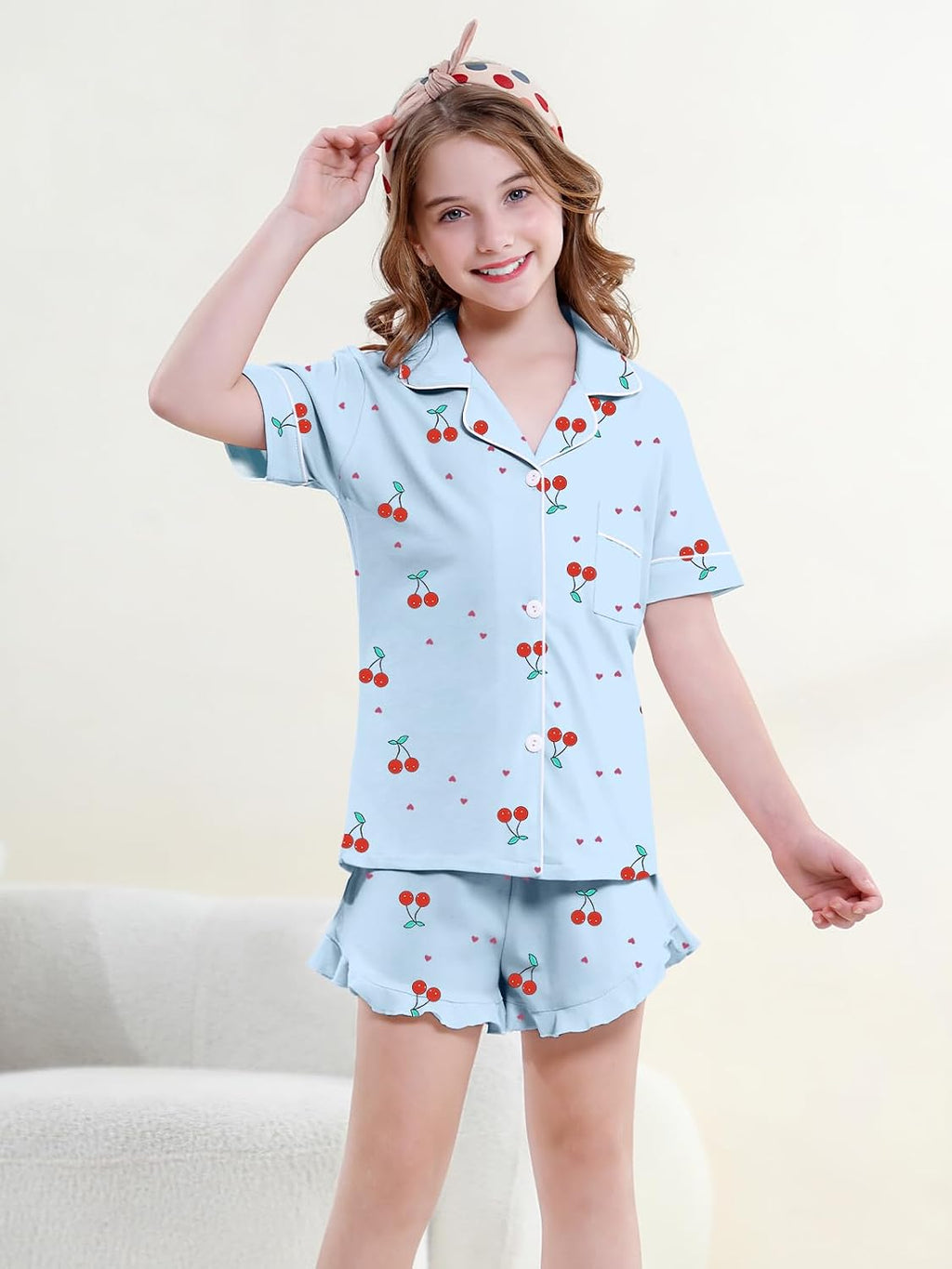 QZH.DUAO Girls & Women Pajama Sets Cotton Sleepwear Button Down Short Sleeve With Ruffle Shorts PJS 5 Years-Large