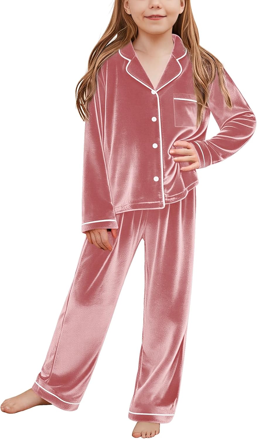 QPANCY Girls Pajamas Set Kids Velvet Button Down Pjs Long Sleeve Pants