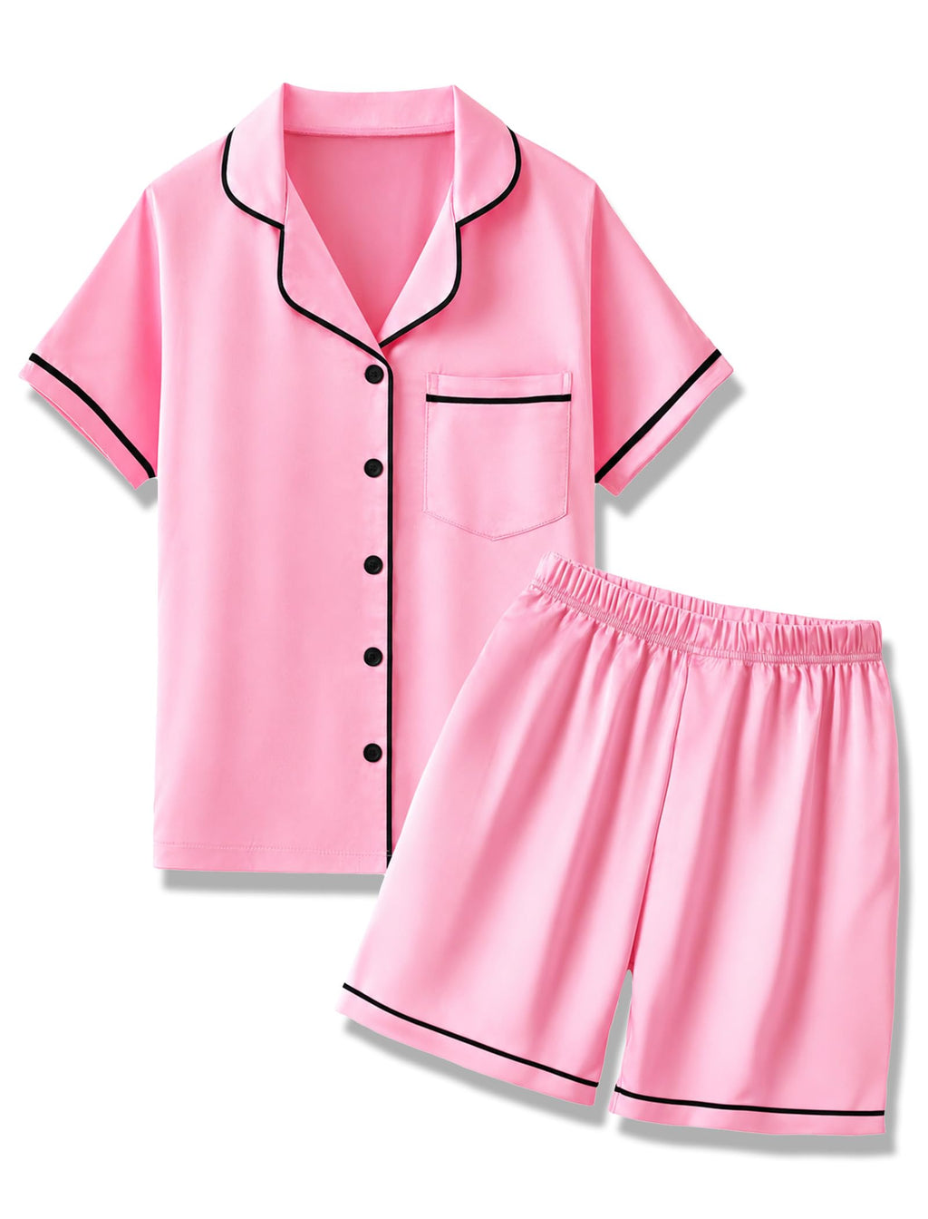 Mikrdoo Girls Pajamas Set Soft Silk Satin Pajamas 2 Piece Short Sleeve Sleepwear for Kids Size 4-16 Years