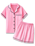 Mikrdoo Girls Pajamas Set Soft Silk Satin Pajamas 2 Piece Short Sleeve Sleepwear for Kids Size 4-16 Years