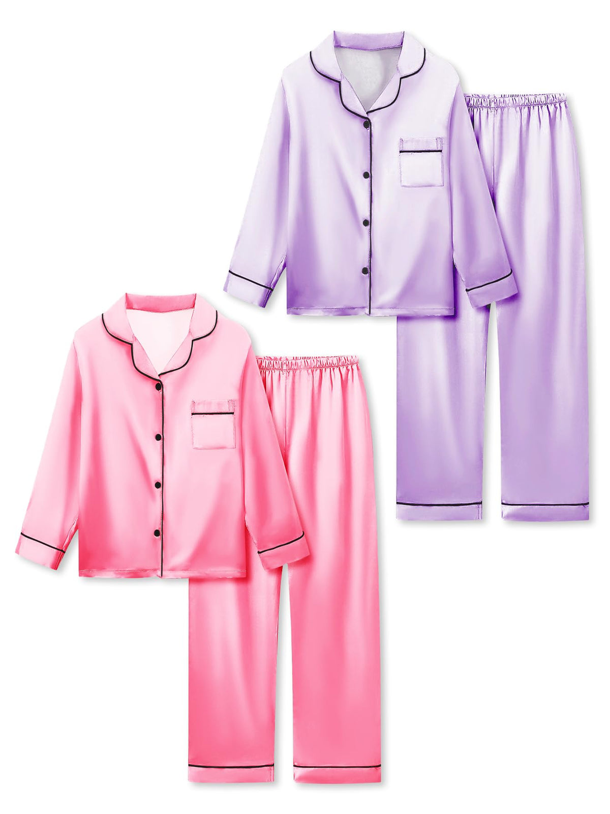 Satin Pajamas for Girls, 4-Piece Long Sleeve Silky Button Down PJ Set
