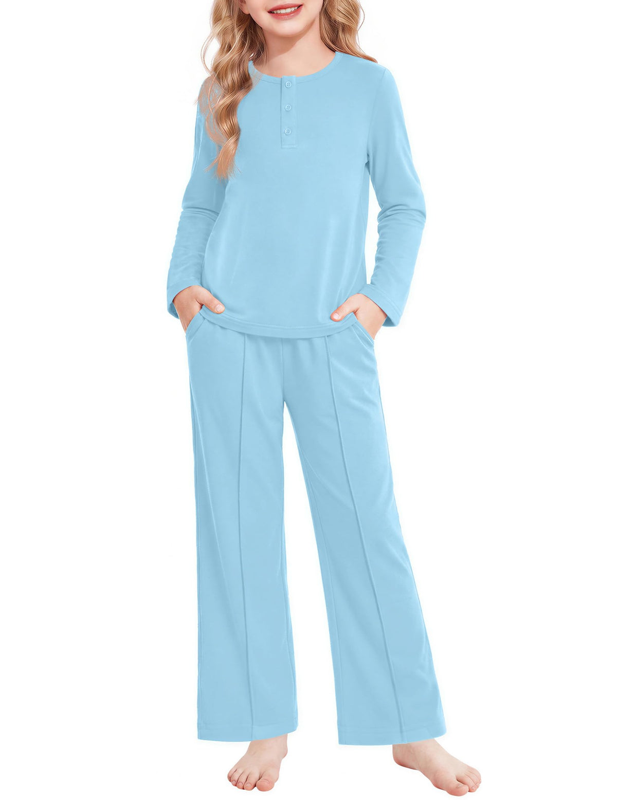 Arshiner Girls Pajamas Long Sleeve Sleepwear Comfy Henley Neck Pjs Set