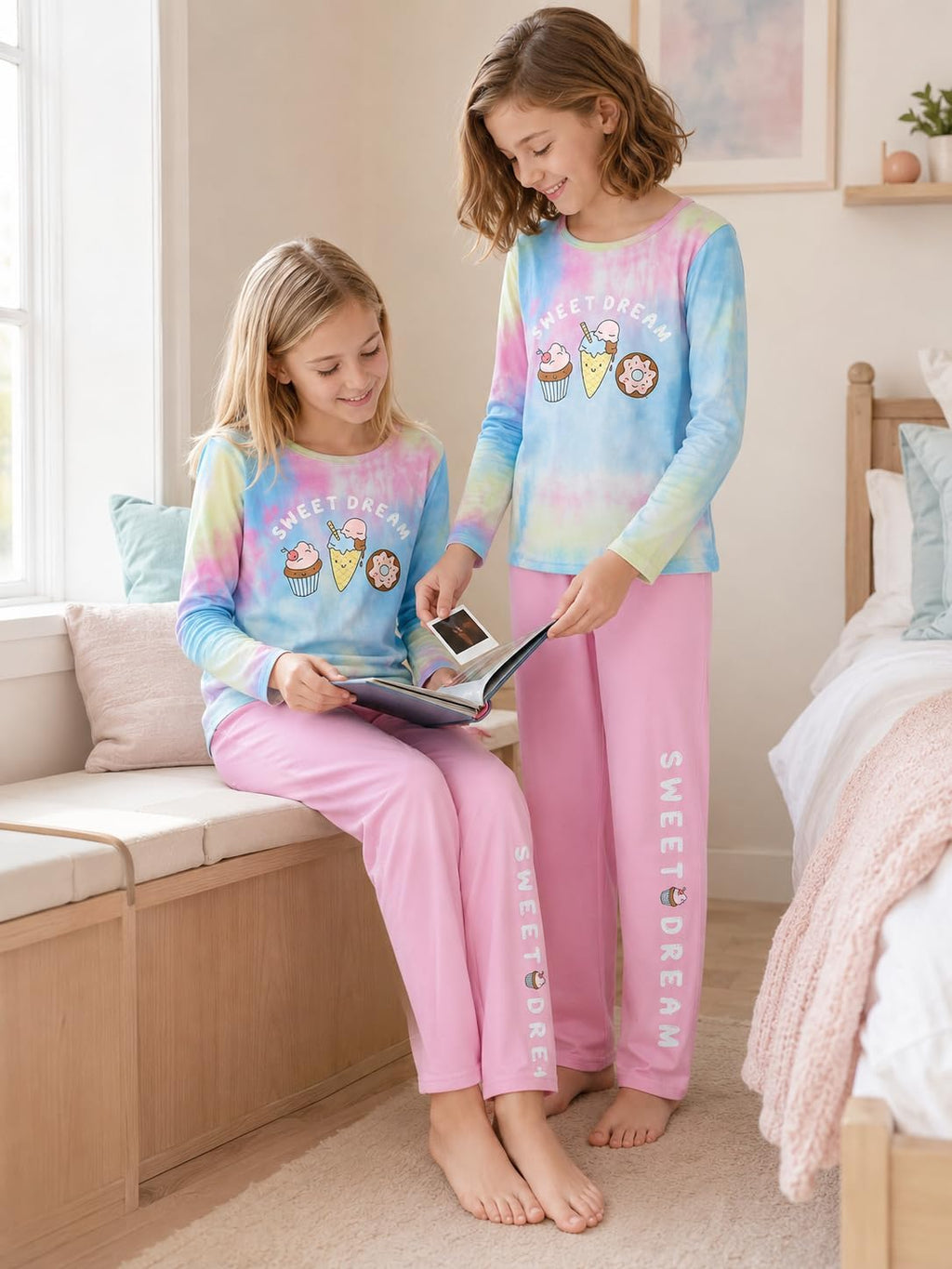 Beezizac Girls' 100% Cotton Pajama Set, Tie-Dye with Various Prints, 4T–18