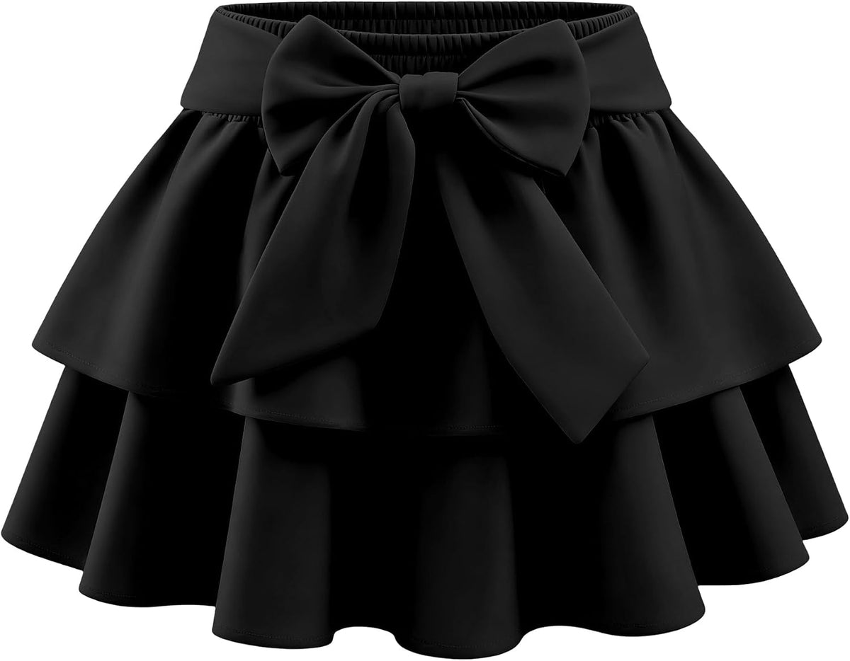 Girls Bow Mini Skirts Kids Elastic High Waisted Ruffle Tiered Skirt Party Dance Layered Skort for Teen 5-14 Years