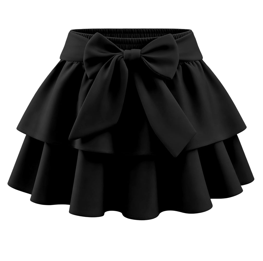 Girls Bow Mini Skirts Kids Elastic High Waisted Ruffle Tiered Skirt Party Dance Layered Skort for Teen 5-14 Years