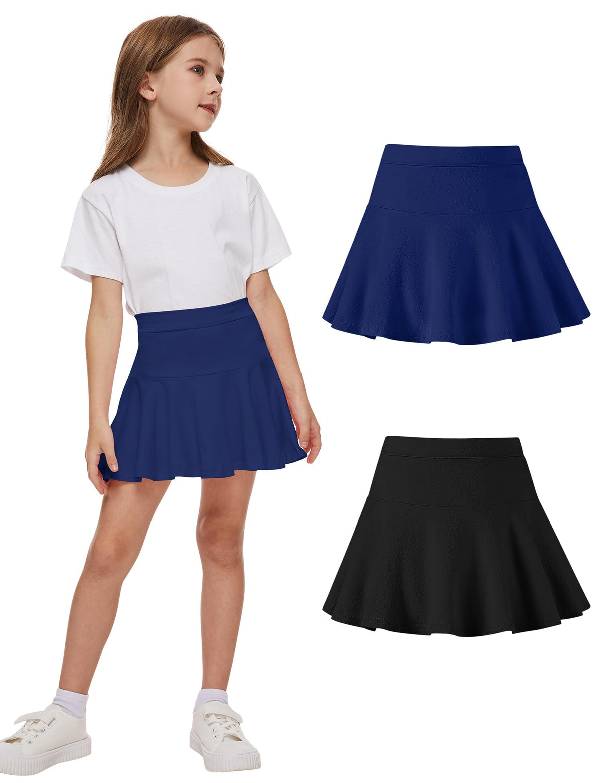 DREAM BUS 2 Pack Toddler Girls Skirts with Built-in Shorts, Cotton Pleated Tennis Skorts with Pocket for Little Girls