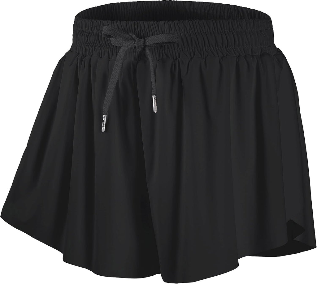 DIPUG Girls Butterfly Shorts with Pocket 2-in-1 Flowy Athletic Cheer Skorts