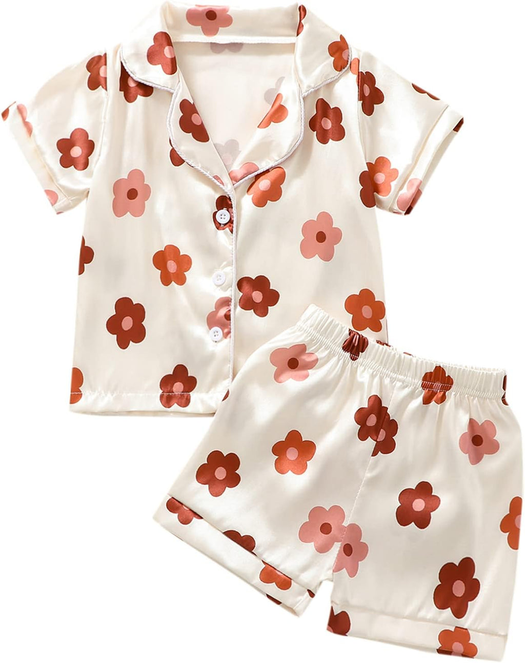 1-6Y Toddler Girls Floral Silk Pajamas Short Sleeve Button-Up Top Shorts Summer 2PC Flowers Satin Pajamas Set