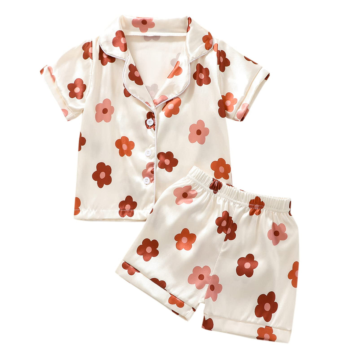 1-6Y Toddler Girls Floral Silk Pajamas Short Sleeve Button-Up Top Shorts Summer 2PC Flowers Satin Pajamas Set