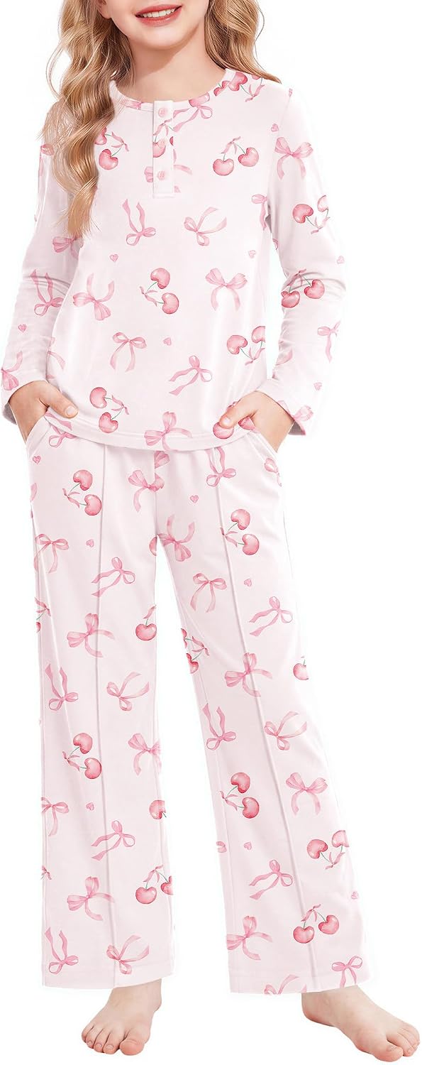 Arshiner Girls Pajamas Long Sleeve Sleepwear Comfy Henley Neck Pjs Set