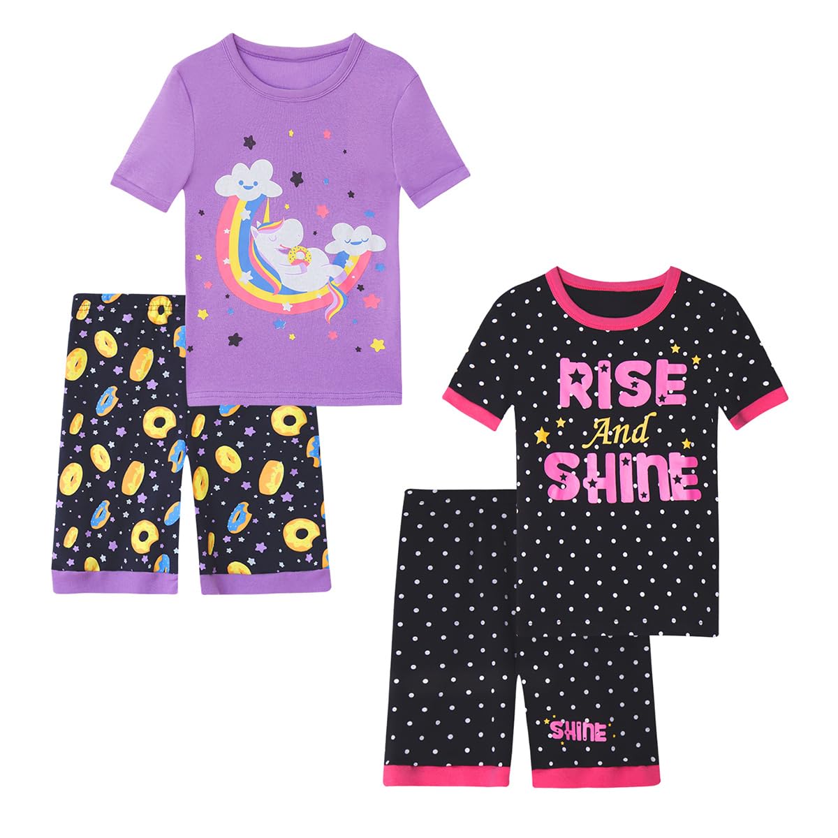 Girls Pajama Set, 4-Piece Cotton Pajamas Short Summer PJs Kids Sleepwear