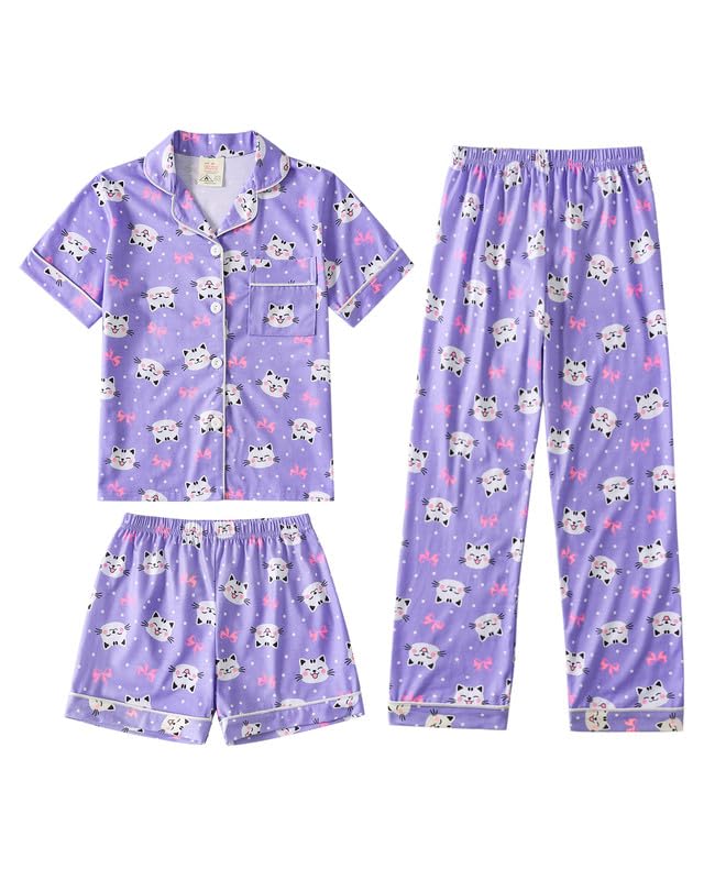 MyFav Girls Pajama Sets 3pcs Button Down Short Sleeve Top Shorts & Long Pants With Cute Patterns SleepwearNighty For Teens