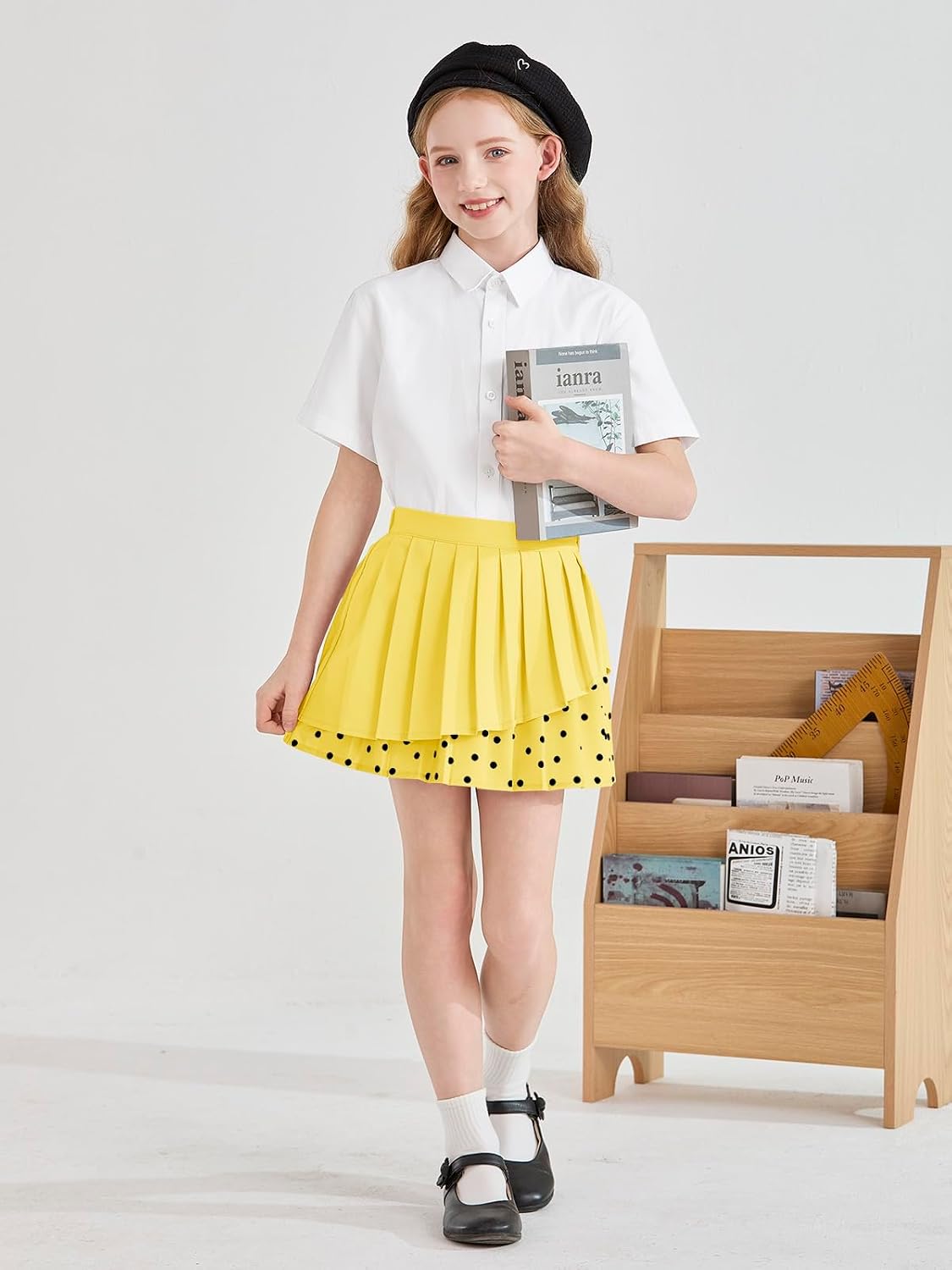 Haloumoning Girls Pleated Skirt Kids Cute High Waist Layered Polka Dots School Uniform Skort Skirts 5-14 Years