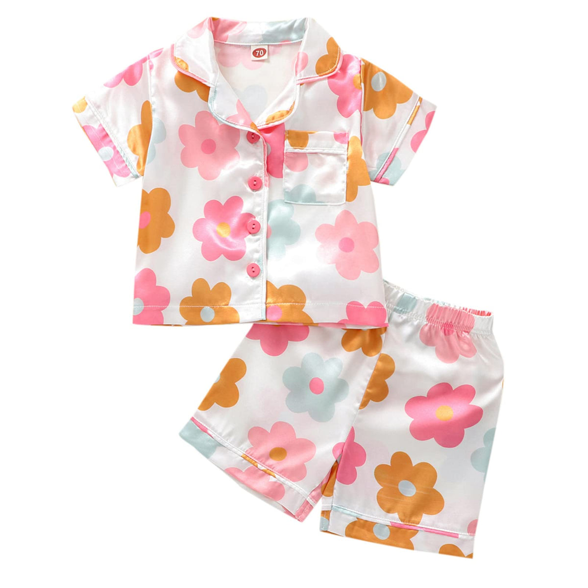 1-6Y Toddler Girls Floral Silk Pajamas Short Sleeve Button-Up Top Shorts Summer 2PC Flowers Satin Pajamas Set