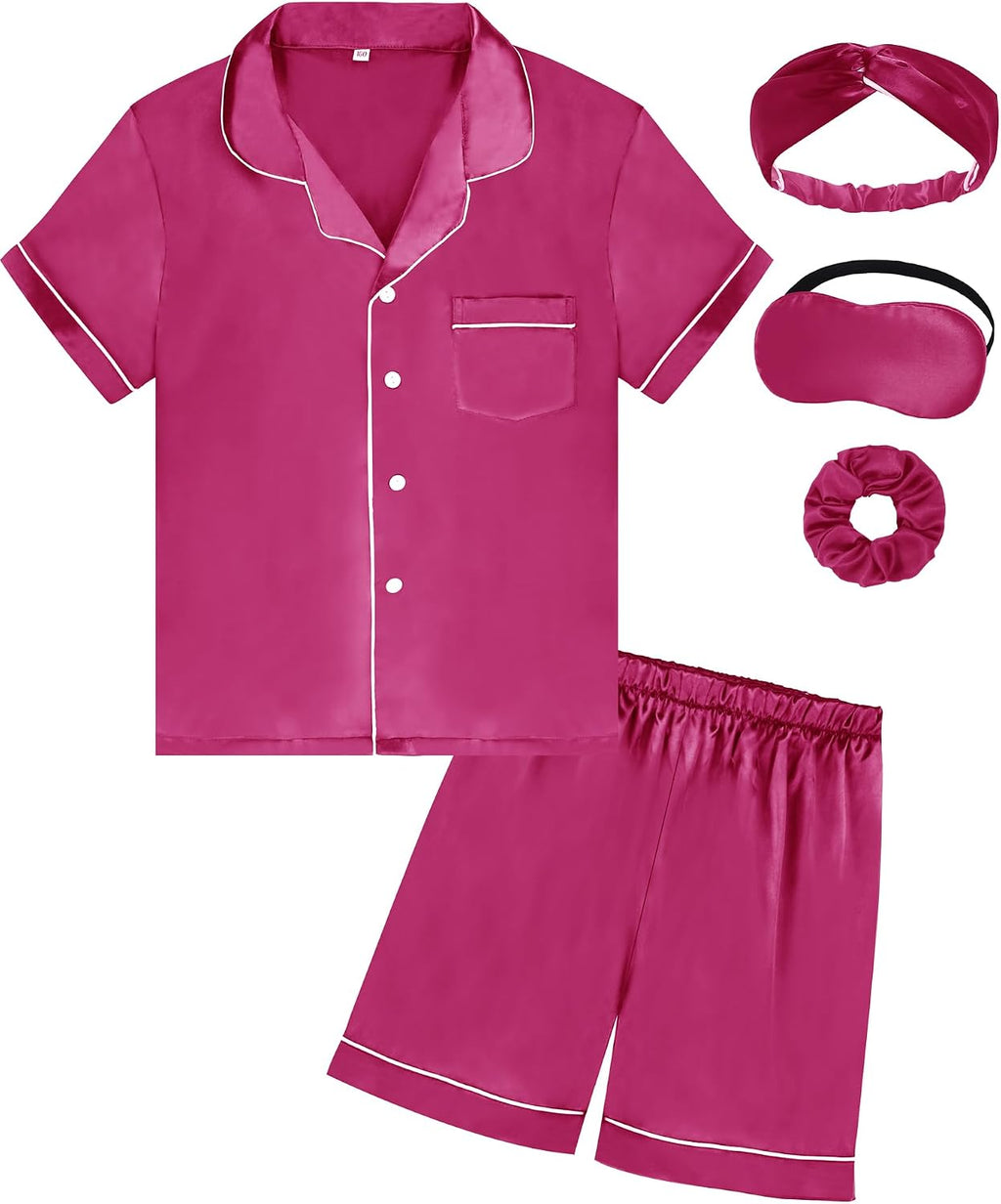 SEALINF Satin Girl Pajama Set Silk Pajamas for Girls With Eyemask 2 Pcs Button-up Sleepwear Kid Pjs Nightwear