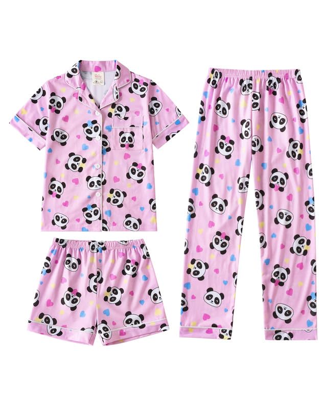 MyFav Girls Pajama Sets 3pcs Button Down Short Sleeve Top Shorts & Long Pants With Cute Patterns SleepwearNighty For Teens