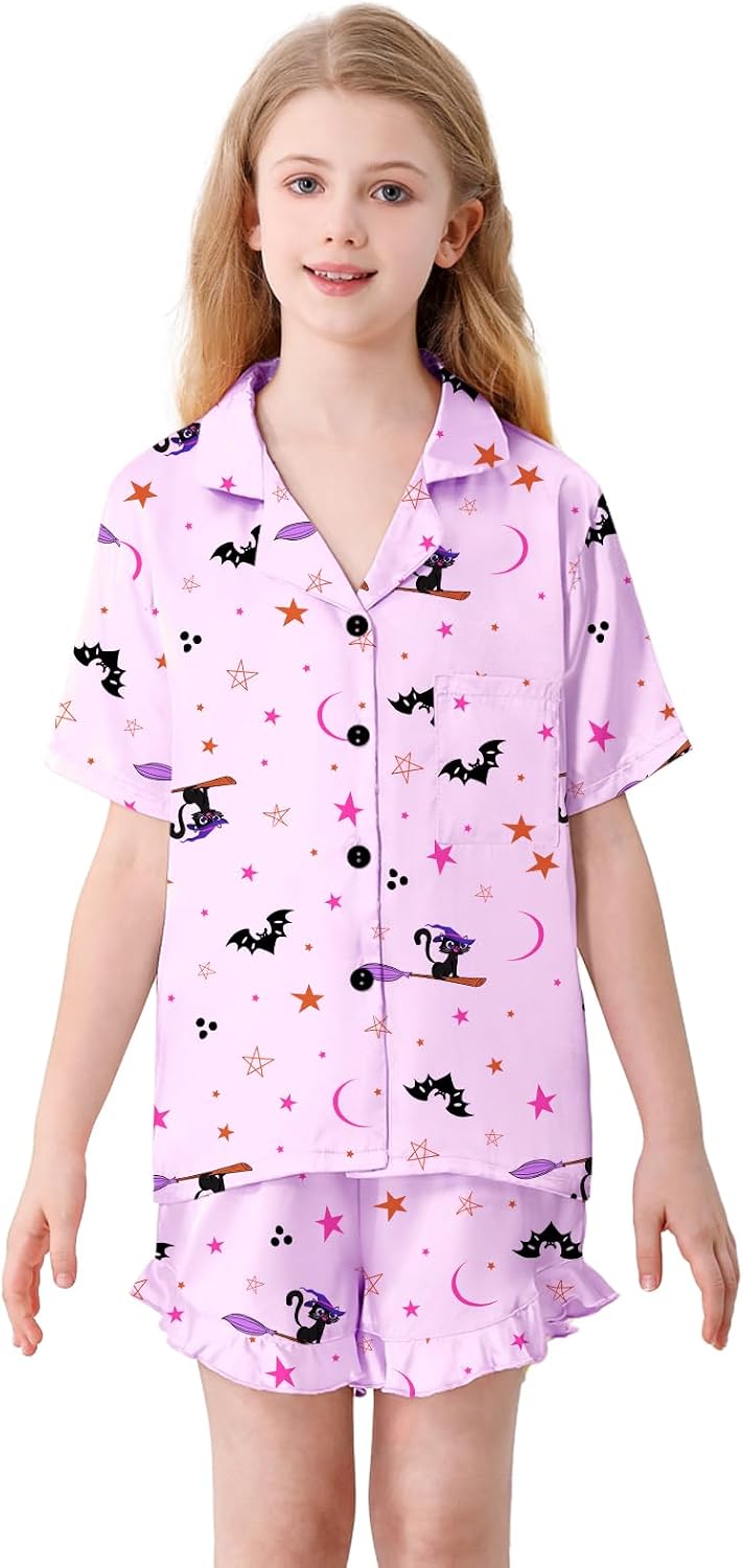 Umeyda Girls 3 Pieces Pajamas Sets Silk Satin Ruffle Sleepwear Short Sleeve Button-Down 3Pjs Nightwear, 5-14 Years