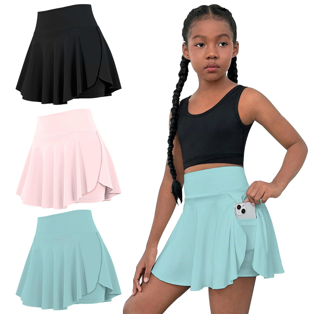 OEBLD Girls Athletic Skort High Waist Tennis Skirts with Shorts Butterfly Ruffle School Skirts with Pockets
