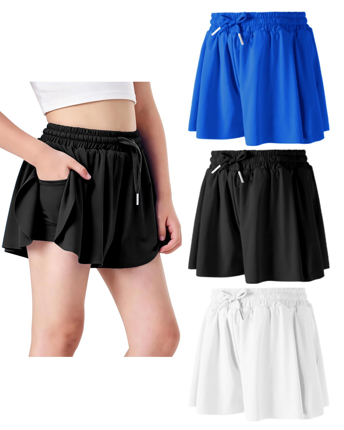 Butterfly Shorts Girls 2 in 1 Flowy Shorts with Pocket Athletic Skorts for Girls Running Tennis Skirts 2-14Y