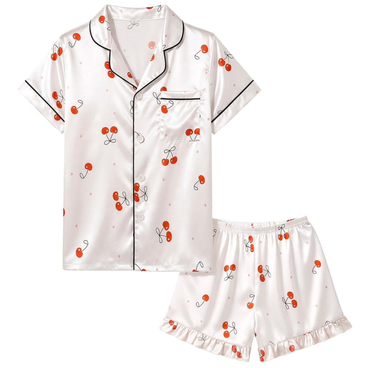 MHJY Girls Satin Pajama Set 2-Piece Short Sleeve Button-Down Sleepwear