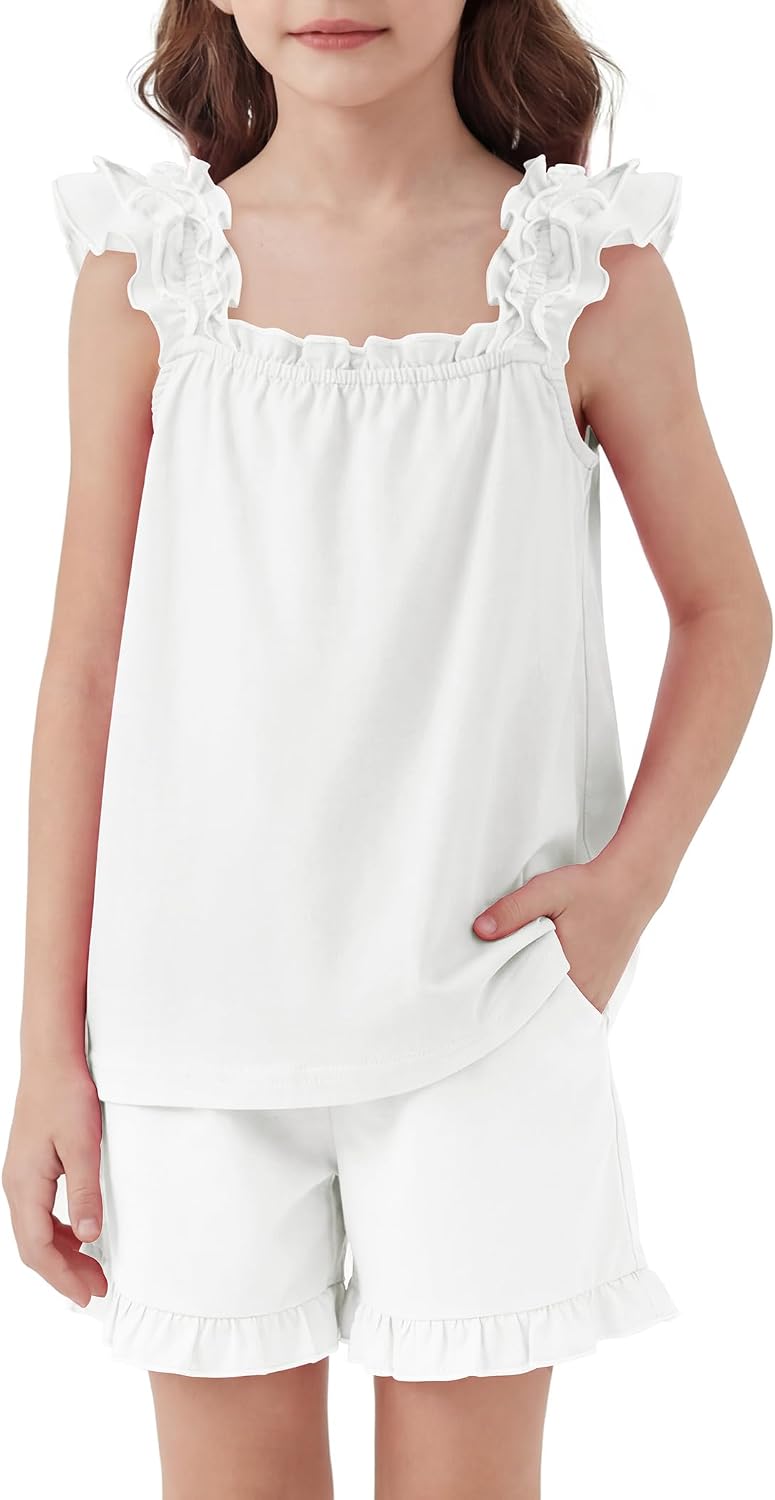 Arshiner Girls Pajamas Ruffle Tank Top and Shorts Sets Cute 2 Piece Pjs