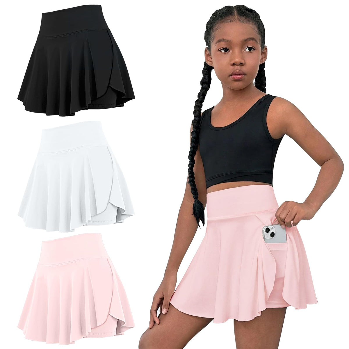 OEBLD Girls Athletic Skort High Waist Tennis Skirts with Shorts Butterfly Ruffle School Skirts with Pockets