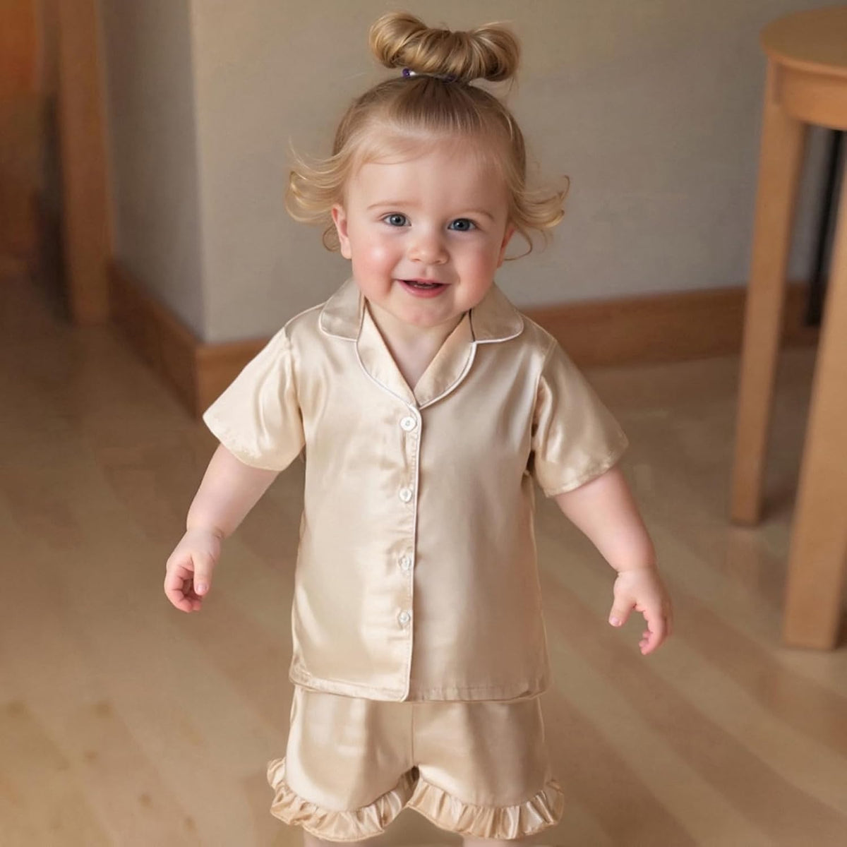 Ayalinggo Toddler Kids Girl Silk Pajamas Baby Ruffled Sleeve Button Down Satin Silk Pjs Sleepwear Loungwear Shorts Set