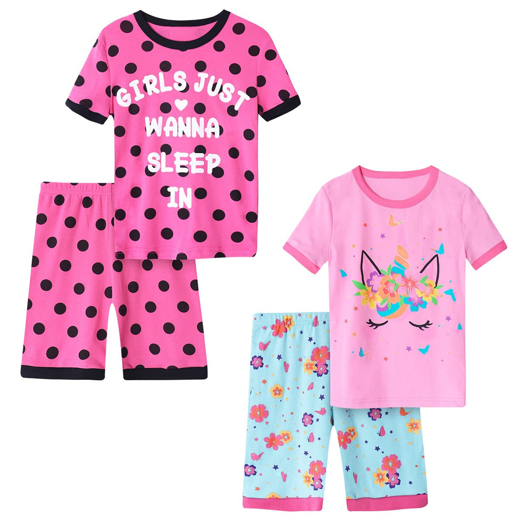 Girls Pajama Set, 4-Piece Cotton Pajamas Short Summer PJs Kids Sleepwear