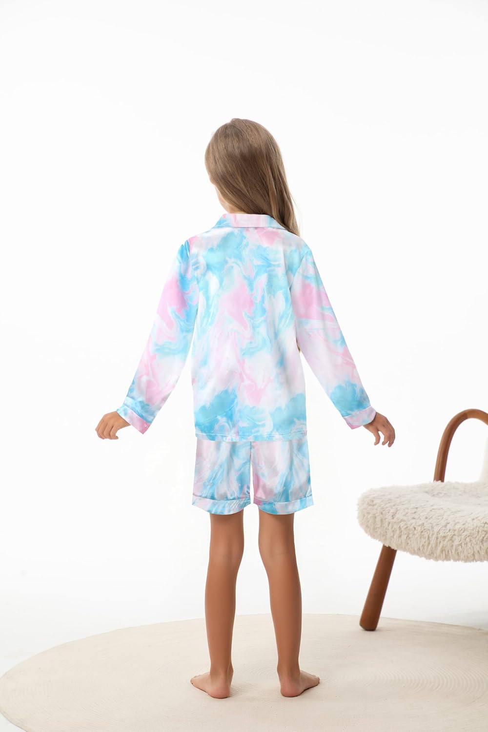 CARETOO Girls Pajamas 3 Piece Satin Long Sleeve Long Pants with Shorts PJs Set for Girls Kids Sleepwear 3-10 Years