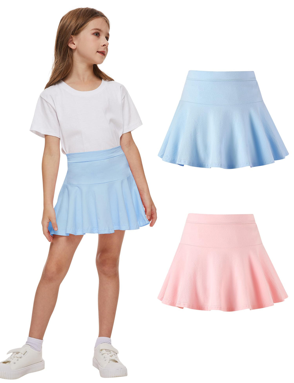 DREAM BUS 2 Pack Toddler Girls Skirts with Built-in Shorts, Cotton Pleated Tennis Skorts with Pocket for Little Girls