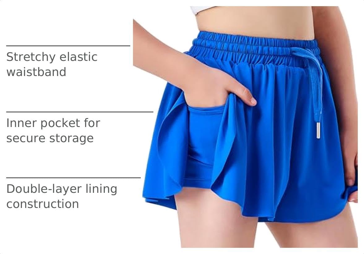 Butterfly Shorts Girls 2 in 1 Flowy Shorts with Pocket Athletic Skorts for Girls Running Tennis Skirts 2-14Y