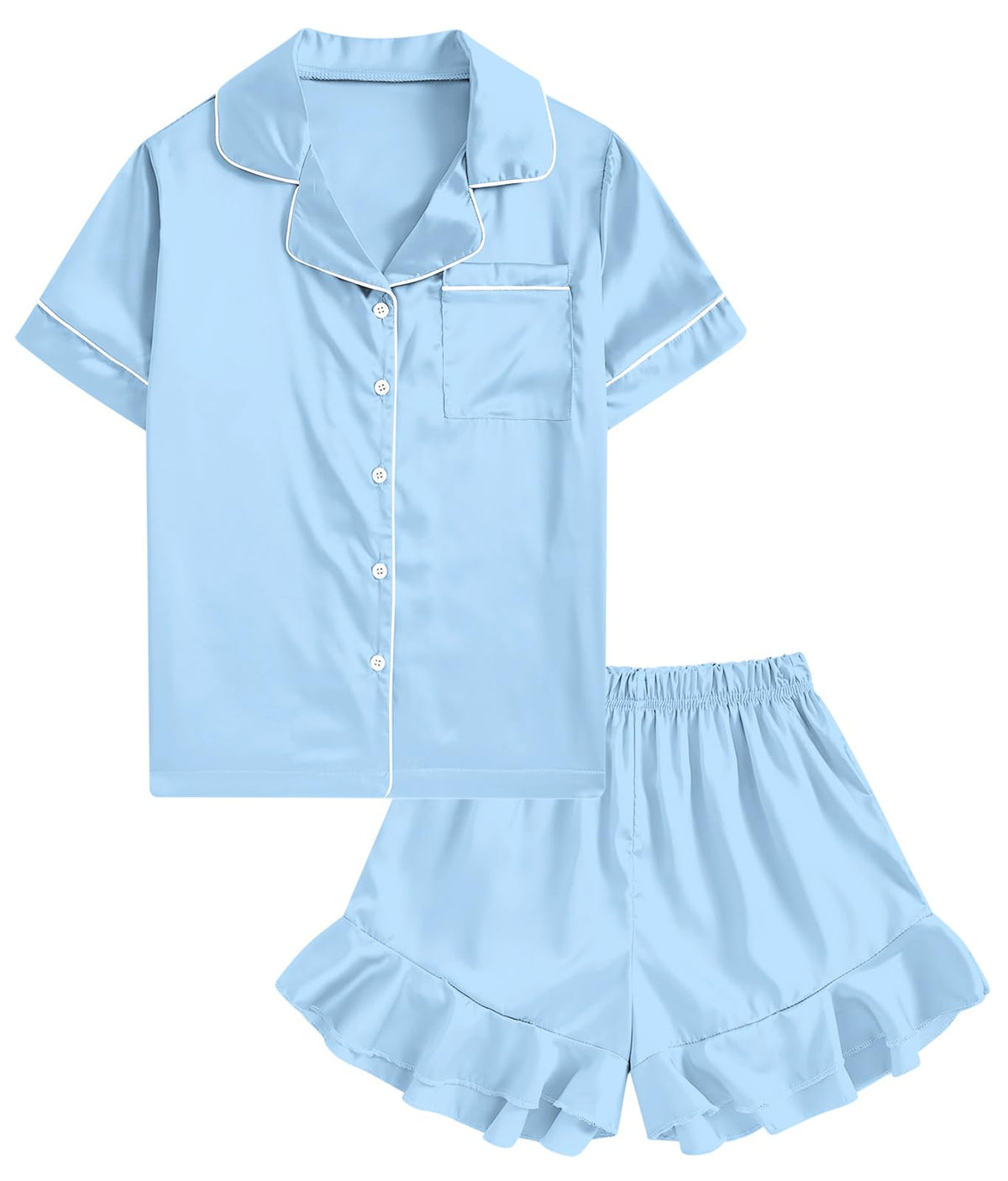 UNIFACO Girls Silk Satin Pajama Set, Short Sleeve Button Down PJs