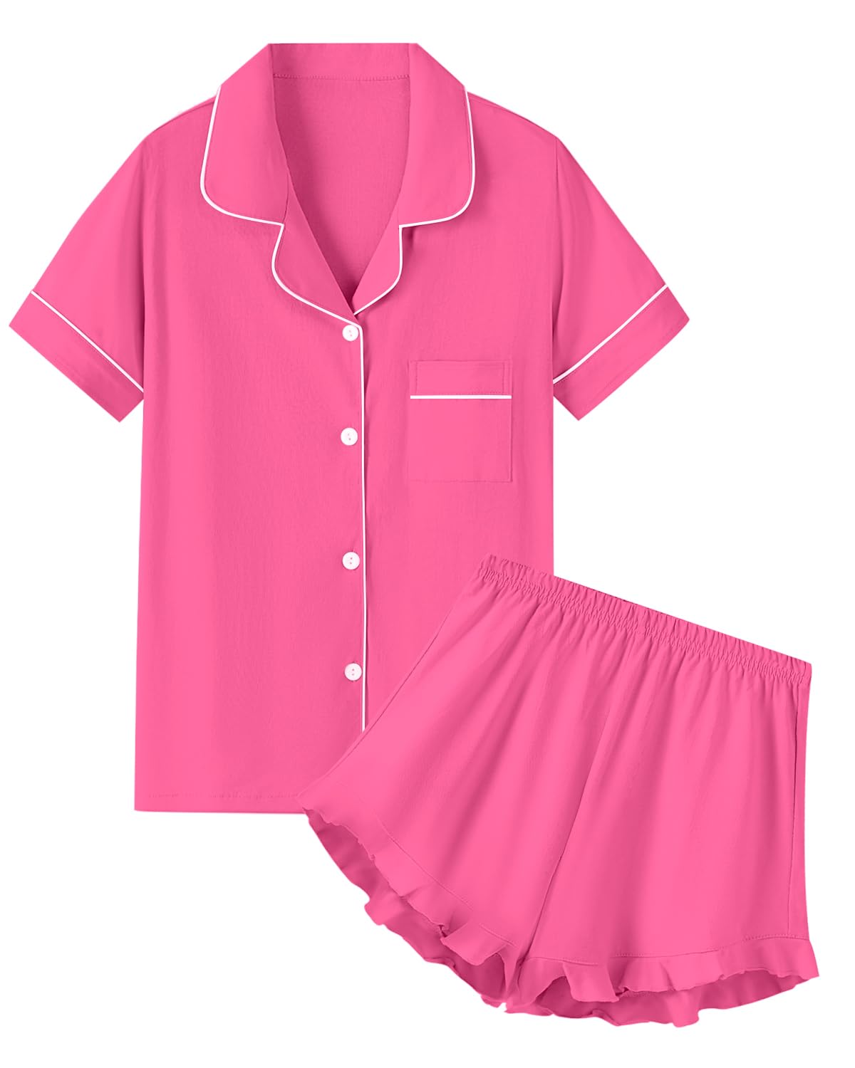 QZH.DUAO Girls & Women Pajama Sets Cotton Sleepwear Button Down Short Sleeve With Ruffle Shorts PJS 5 Years-Large