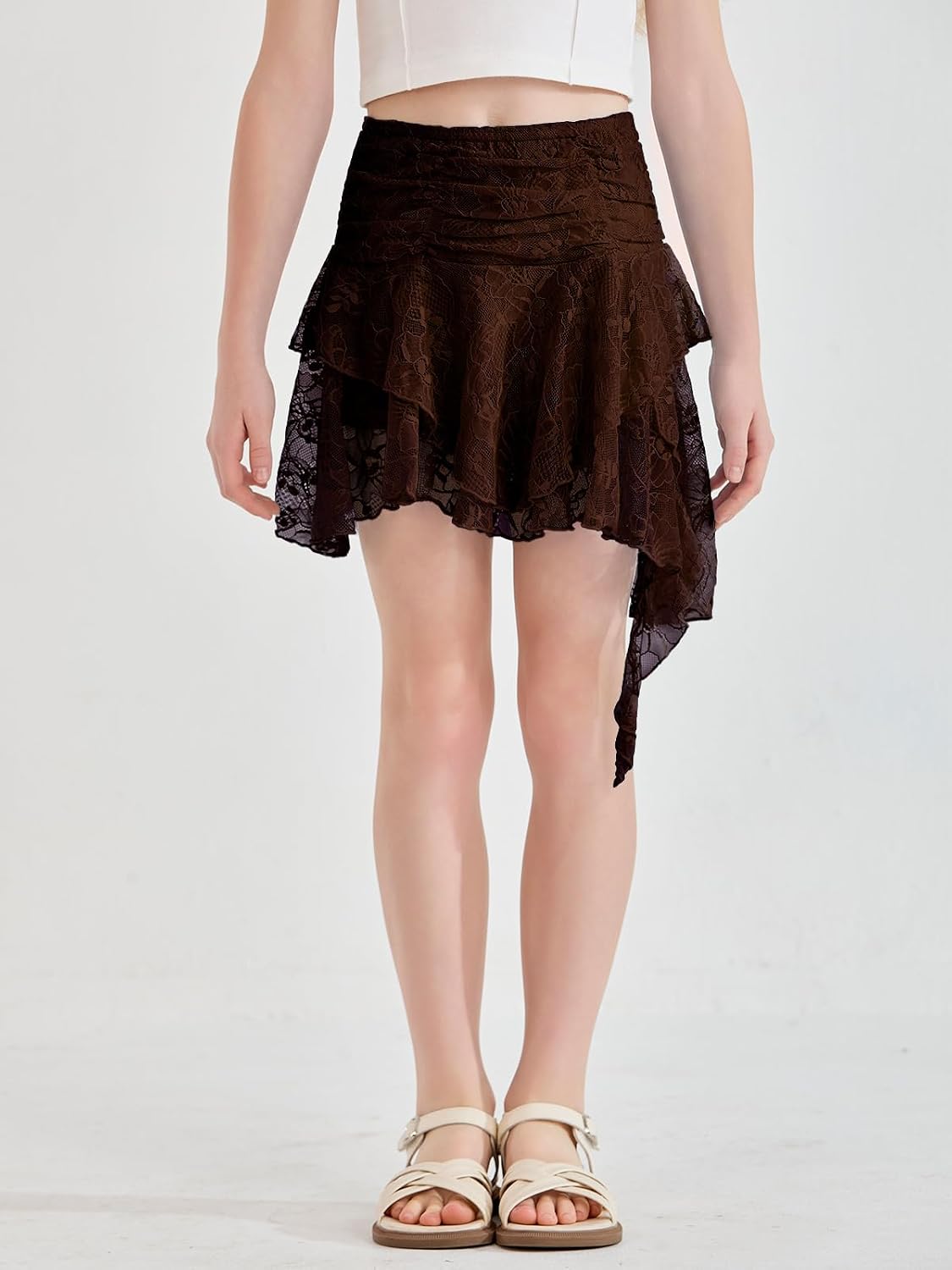 Haloumoning Girls Y2K Lace Mini Skirt Ruffle Asymmetrical Flowy Short Skort