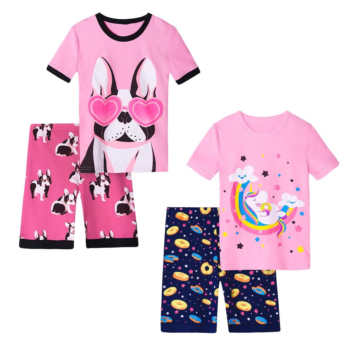 Girls Pajama Set, 4-Piece Cotton Pajamas Short Summer PJs Kids Sleepwear