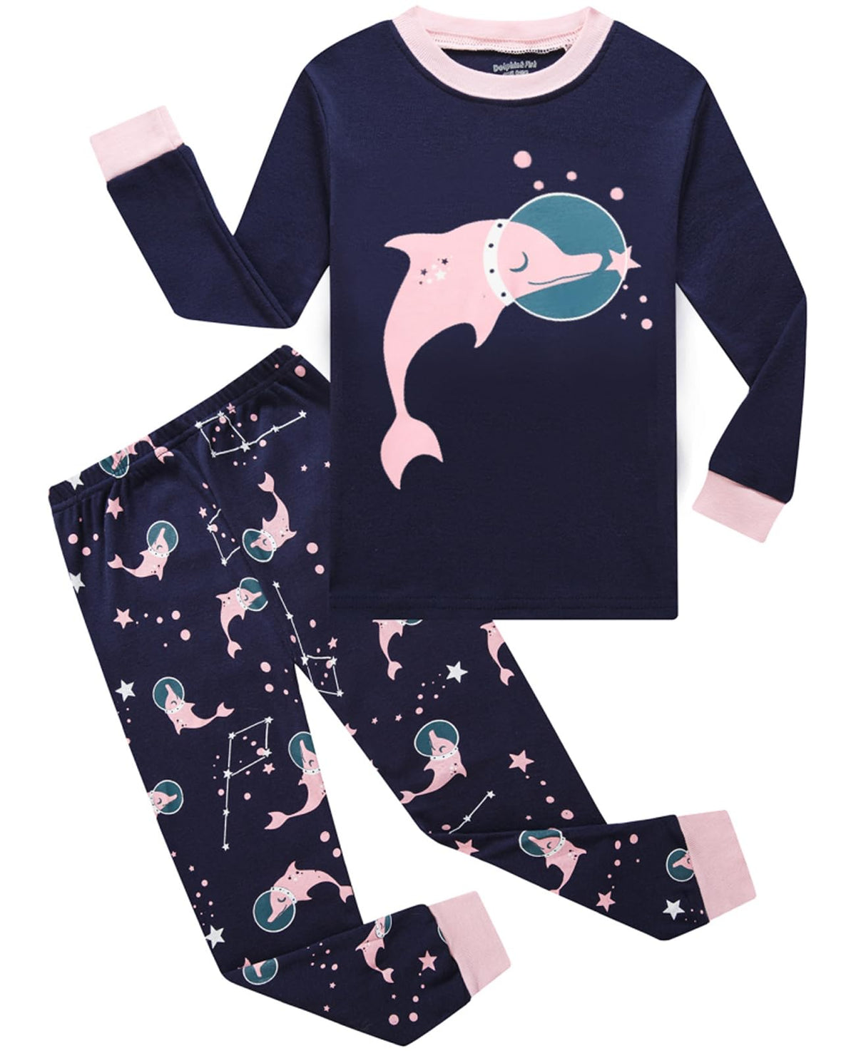 Dolphin&Fish Girls Cotton Pajamas Toddler 2 Pieces Pjs Kids Sleepwear Clothes Long sleeve Sets