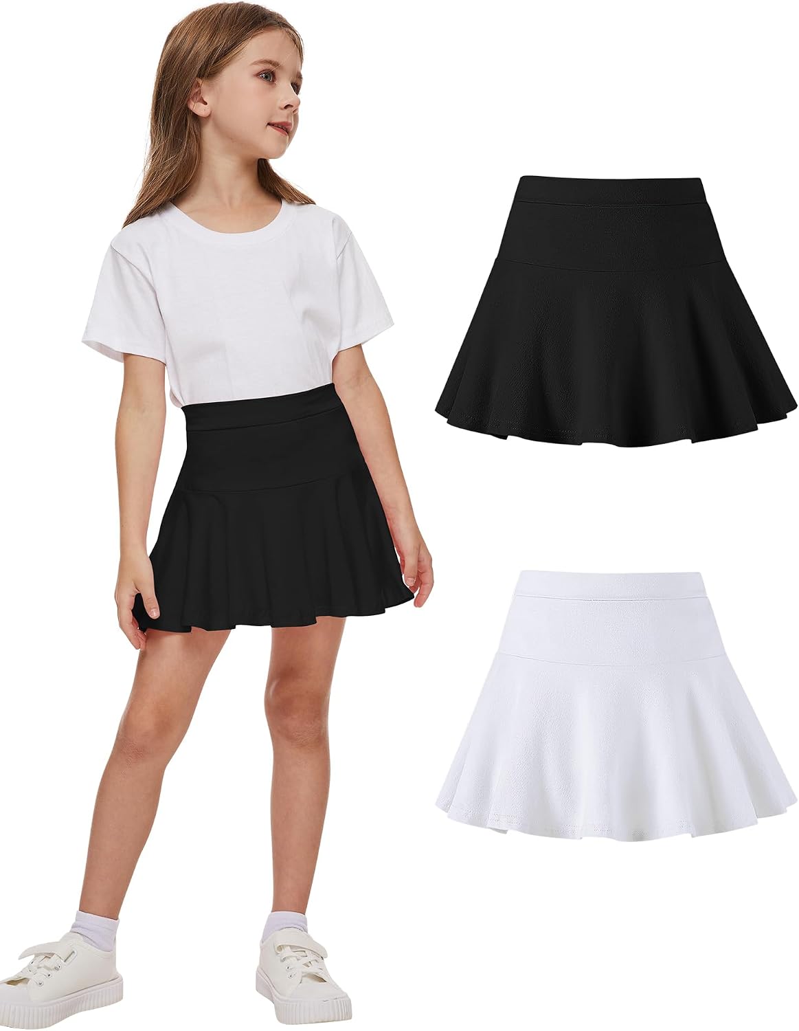 DREAM BUS 2 Pack Toddler Girls Skirts with Built-in Shorts, Cotton Pleated Tennis Skorts with Pocket for Little Girls