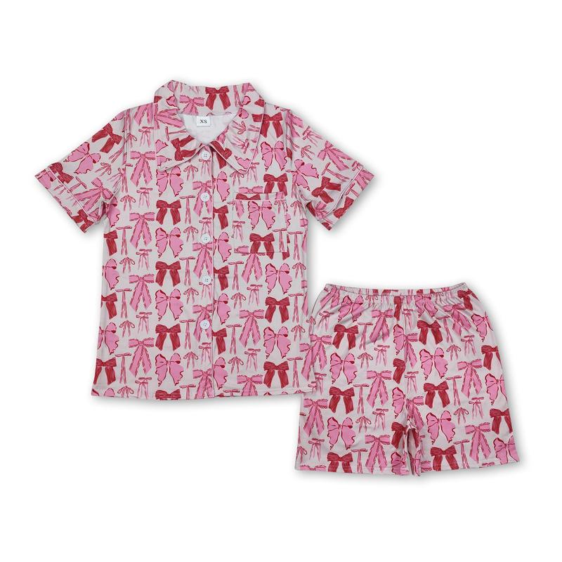 Leopard Print Pajama Set for Girls Ages 3-8T, 2-Piece Short Sleeve Cotton Blend Summer Sleepwear with Pockets & Bow, Girly Pajama Sets, Child Size Pajama Sets