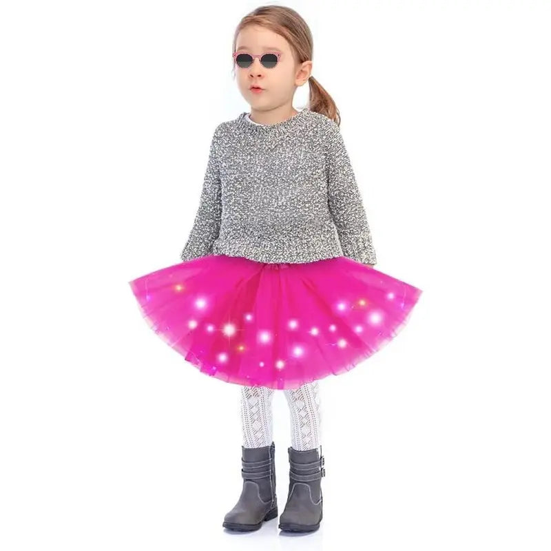 Girls' LED Light-Up Tulle Ruffle Frill Princess Skirt - 100% Soft Polyester A-Line Mini, Elastic Band, On-Off Switch, Dance Party Ballet Costume, Indoor-Outdoor, Birthday Gift for Ages 2-8