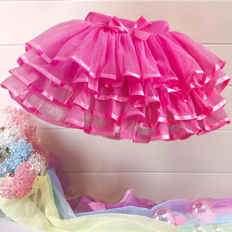 Girls' Polyester Woven Puffy Bow Cake Skirt - Plain, Bubble-Hem, Fairy Style, Non-Stretch, Regular Fit, Casual All-Season Kids' Fashion Skirt (7-8y)