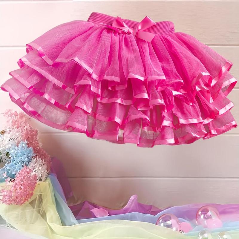 Girls' Polyester Woven Puffy Bow Cake Skirt - Plain, Bubble-Hem, Fairy Style, Non-Stretch, Regular Fit, Casual All-Season Kids' Fashion Skirt (7-8y)