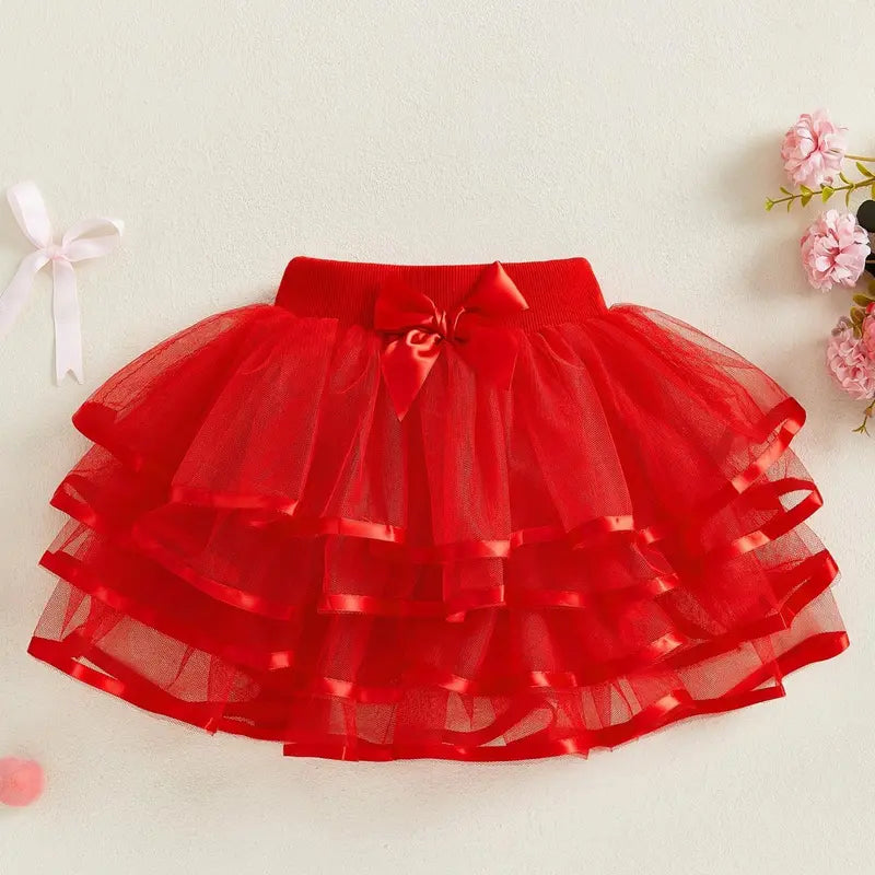 Girl Tutu Skirt Tiered Ruffled Mesh Puffy Drape Hem Bow Elastic Waistband Short Skirt