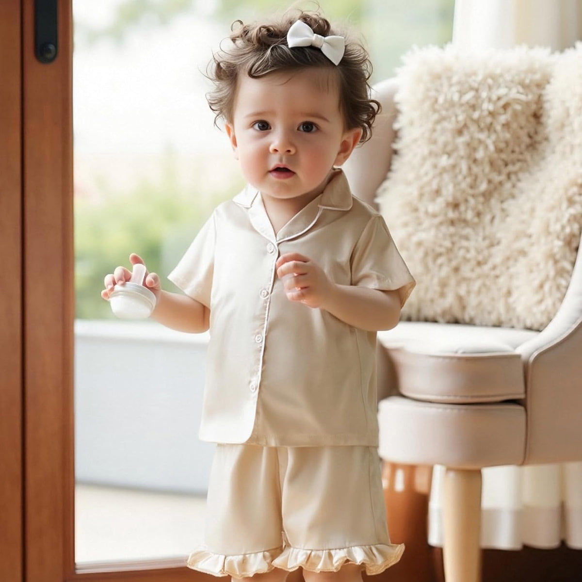 Ayalinggo Toddler Kids Girl Silk Pajamas Baby Ruffled Sleeve Button Down Satin Silk Pjs Sleepwear Loungwear Shorts Set