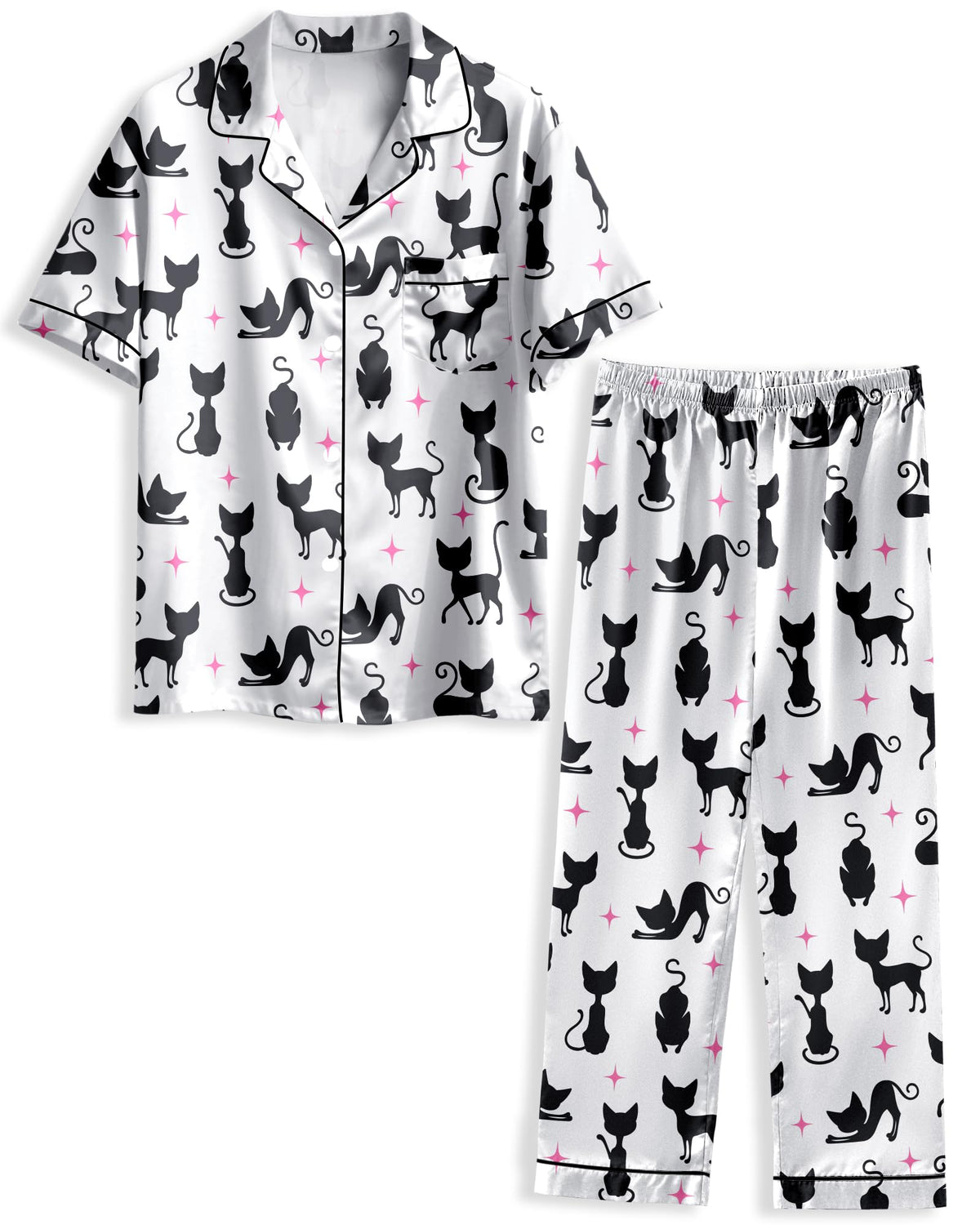 Girls Pajamas Silky Short Sleeve Long Pants Cute Jammies Satin Sleepwear Pjs Set for Toddler Kids 3T-10Y