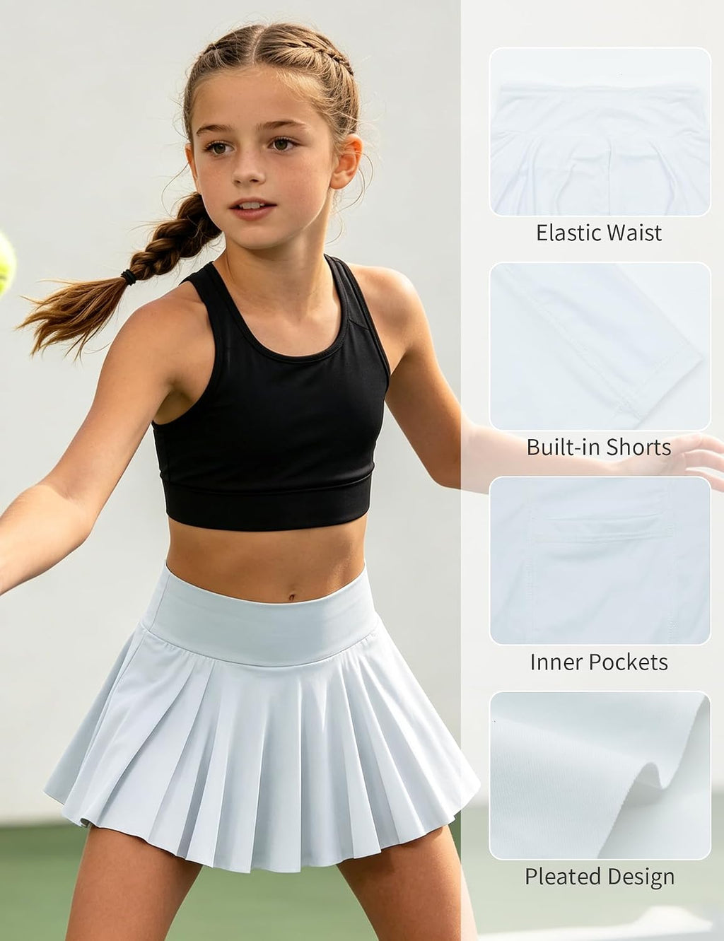 Girls Tennis Skirts Pleated Athletic Skirt for Kids 7-14 Years