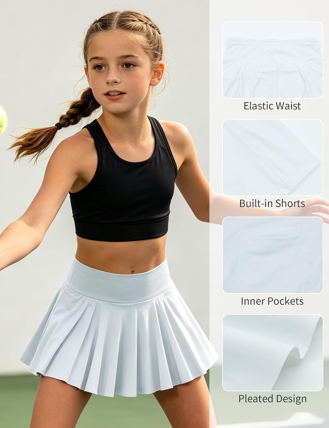Girls Tennis Skirts Pleated Athletic Skirt for Kids 7-14 Years